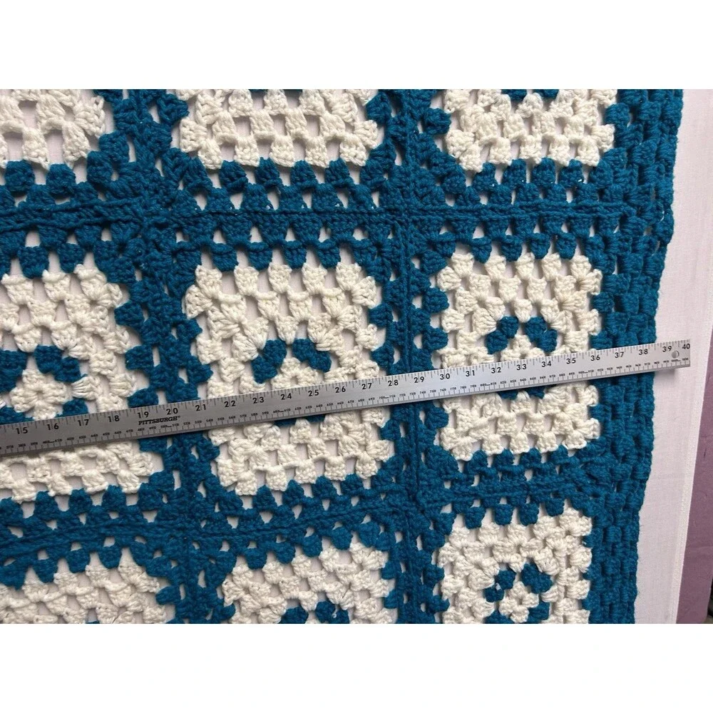 Handmade Crochet Throw Blanket Twin Size Teal Cream Granny Squares